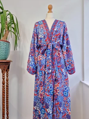 Couple Set Silk Boho Kimonos in Royal Blue White Red Santorini - Image 8