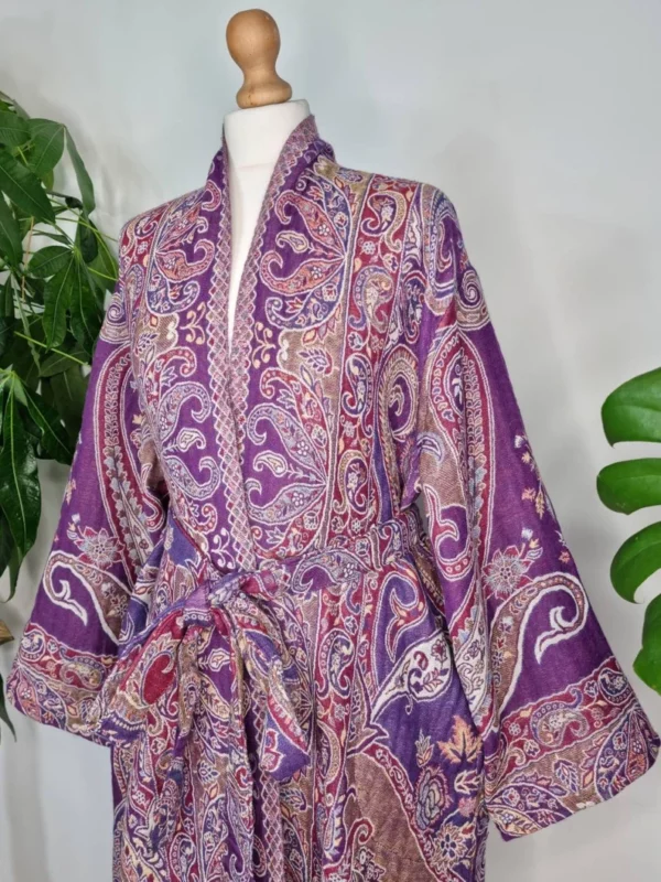 Merino wool unisex robe with a touch of purple and white