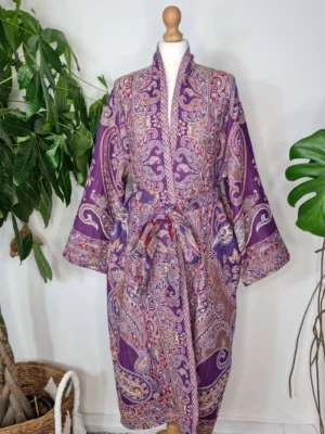 Merino wool unisex robe with a touch of purple and white - Image 2