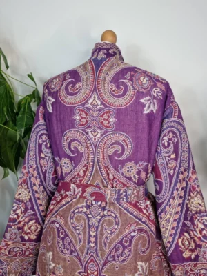 Merino wool unisex robe with a touch of purple and white - Image 3