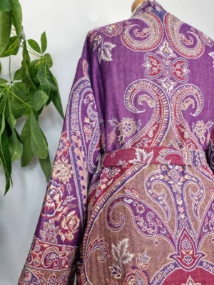 Merino wool unisex robe with a touch of purple and white - Image 9