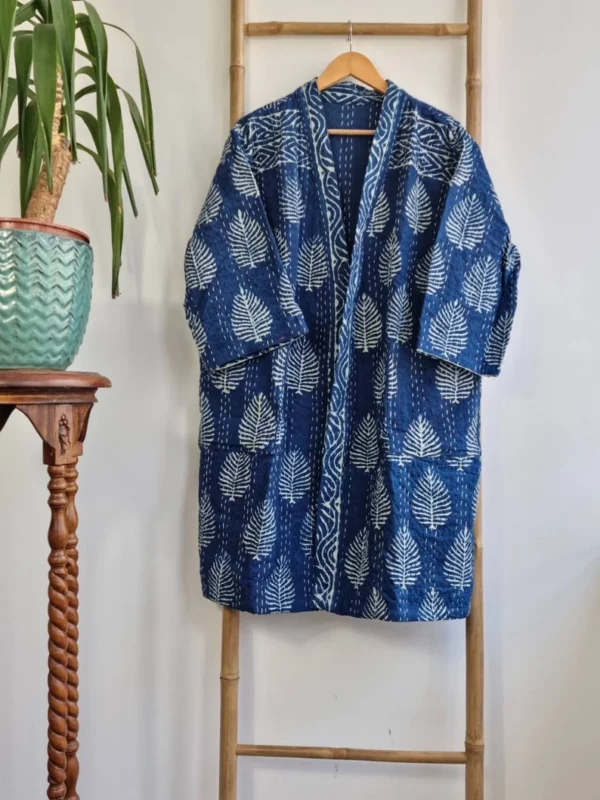 Kantha Cotton Reversible Kimono Jacket in Indigo Blue White Fern Leaf