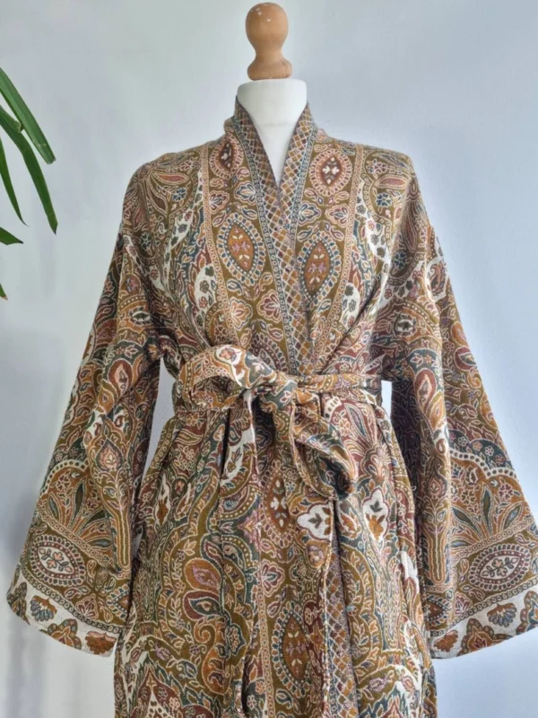 Merino Wool Unisex Floral Kimono Jacket- Beige Rust
