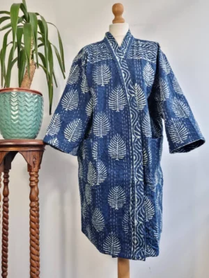 Kantha Cotton Reversible Kimono Jacket in Indigo Blue White Fern Leaf - Image 3