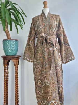 Merino Wool Unisex Floral Kimono Jacket- Beige Rust - Image 3