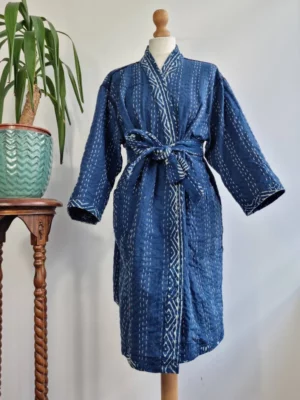 Kantha Cotton Reversible Kimono Jacket in Indigo Blue White Fern Leaf - Image 6