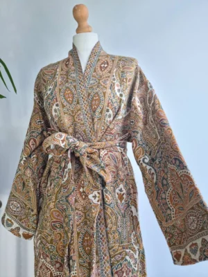 Merino Wool Unisex Floral Kimono Jacket- Beige Rust - Image 6