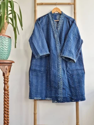 Kantha Cotton Reversible Kimono Jacket in Indigo Blue White Fern Leaf - Image 7