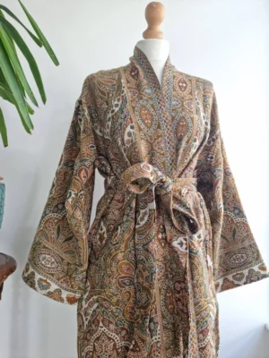 Merino Wool Unisex Floral Kimono Jacket- Beige Rust - Image 7