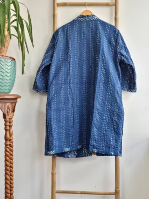 Kantha Cotton Reversible Kimono Jacket in Indigo Blue White Fern Leaf - Image 8