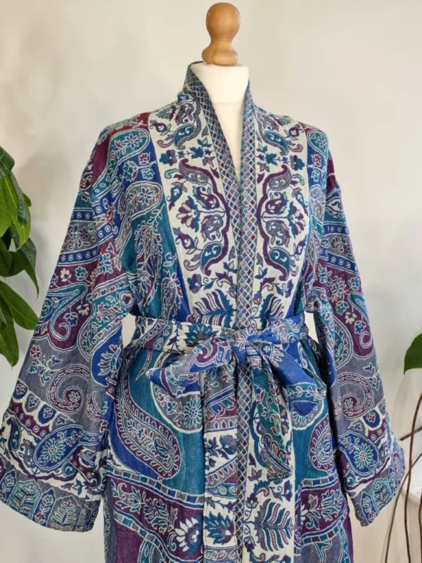 Blue merino wool unisex kimono with touch of elegance