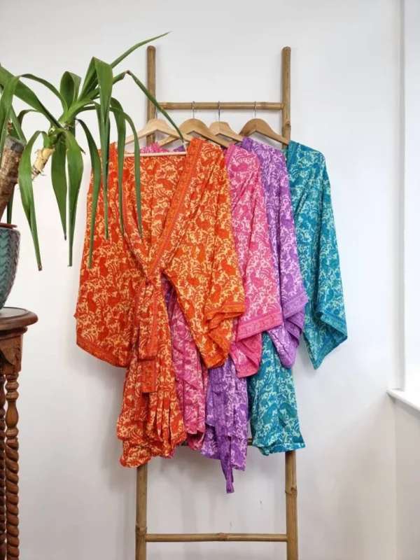 New Silk Sari Boho Short Knee Kimono in Regal Autumn Orange