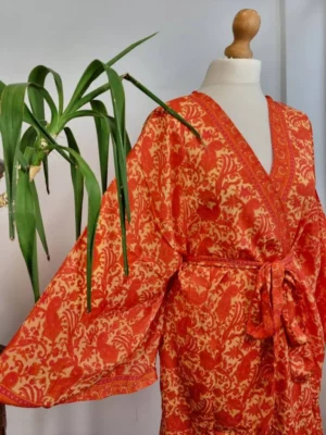 New Silk Sari Boho Short Knee Kimono in Regal Autumn Orange - Image 2