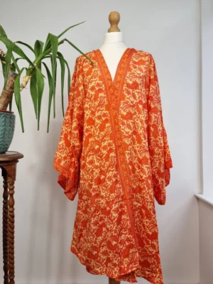 New Silk Sari Boho Short Knee Kimono in Regal Autumn Orange - Image 3