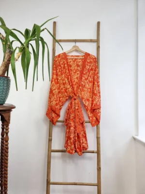 New Silk Sari Boho Short Knee Kimono in Regal Autumn Orange - Image 4