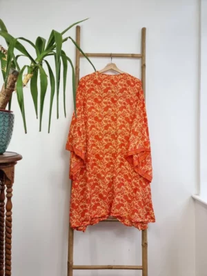 New Silk Sari Boho Short Knee Kimono in Regal Autumn Orange - Image 5