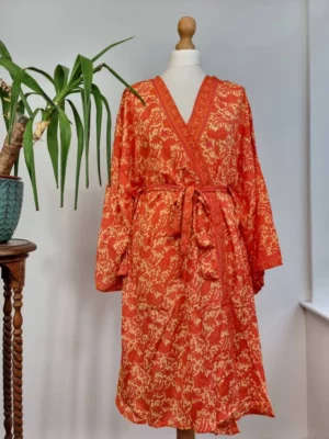 New Silk Sari Boho Short Knee Kimono in Regal Autumn Orange - Image 6