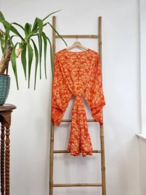 New Silk Sari Boho Short Knee Kimono in Regal Autumn Orange - Image 7