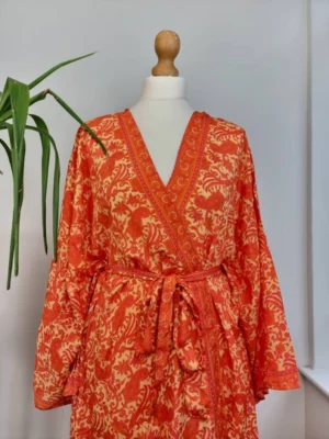 New Silk Sari Boho Short Knee Kimono in Regal Autumn Orange - Image 8