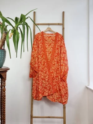 New Silk Sari Boho Short Knee Kimono in Regal Autumn Orange - Image 9
