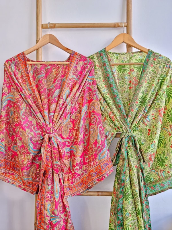 New Silk Sari Boho Kimono in Hot Pink & Paisley Festive Orange