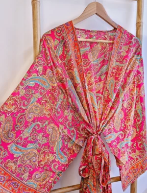 New Silk Sari Boho Kimono in Hot Pink & Paisley Festive Orange - Image 2