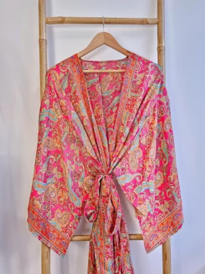 New Silk Sari Boho Kimono in Hot Pink & Paisley Festive Orange - Image 3