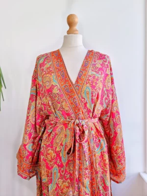 New Silk Sari Boho Kimono in Hot Pink & Paisley Festive Orange - Image 4