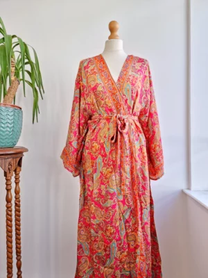New Silk Sari Boho Kimono in Hot Pink & Paisley Festive Orange - Image 5