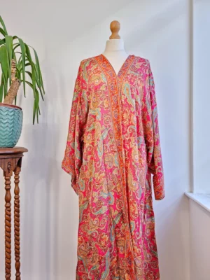 New Silk Sari Boho Kimono in Hot Pink & Paisley Festive Orange - Image 6