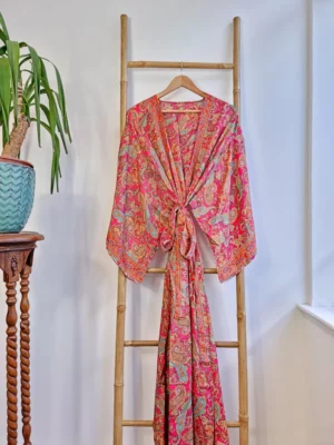 New Silk Sari Boho Kimono in Hot Pink & Paisley Festive Orange - Image 8