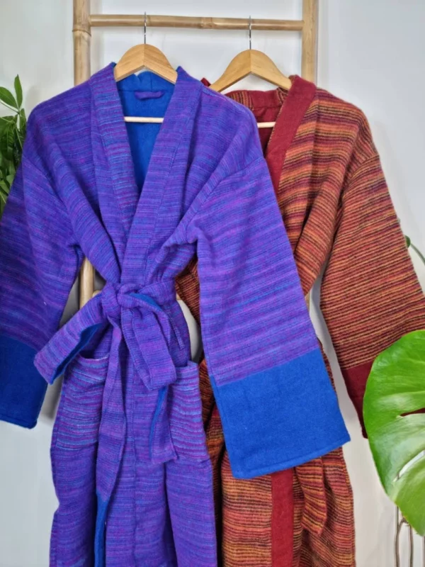 Unisex Stripe Yak Wool Blend Kimono in Royal Teal Blue Purple