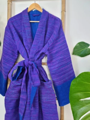 Unisex Stripe Yak Wool Blend Kimono in Royal Teal Blue Purple - Image 2