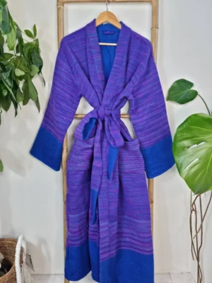 Unisex Stripe Yak Wool Blend Kimono in Royal Teal Blue Purple - Image 3