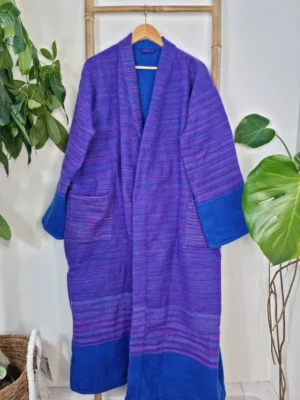 Unisex Stripe Yak Wool Blend Kimono in Royal Teal Blue Purple - Image 4