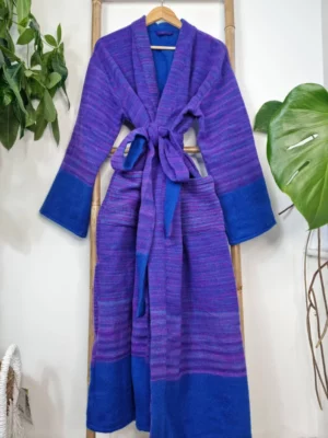 Unisex Stripe Yak Wool Blend Kimono in Royal Teal Blue Purple - Image 5