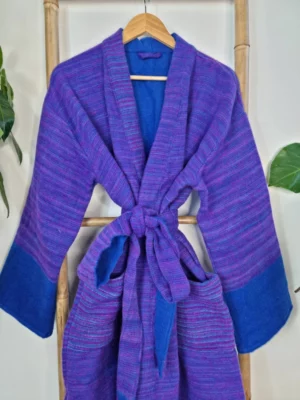 Unisex Stripe Yak Wool Blend Kimono in Royal Teal Blue Purple - Image 6