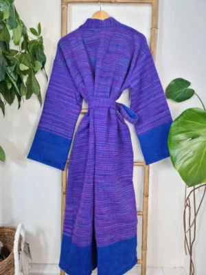Unisex Stripe Yak Wool Blend Kimono in Royal Teal Blue Purple - Image 7
