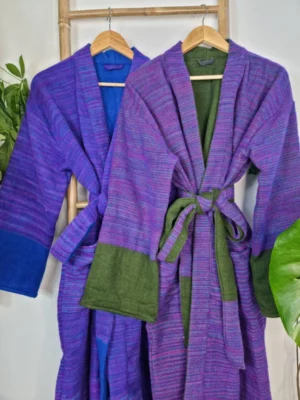 Unisex Stripe Yak Wool Blend Kimono in Royal Teal Blue Purple - Image 9
