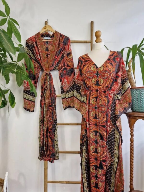 Couple Set Silk Boho Kimono Kaftan Man Woman House Beach Artist Robe His and Hers/ His and His Ocean Royal Black Red Persian Love Romance