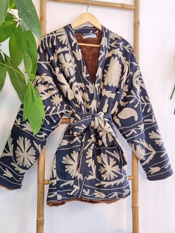 Suzani Hand Embroidered Short Hip Fur Winter Jacket | Boho Uzbek Kashmir Crewel | Christmas Special Luxury Gift | Classic Navy Taupe Beige