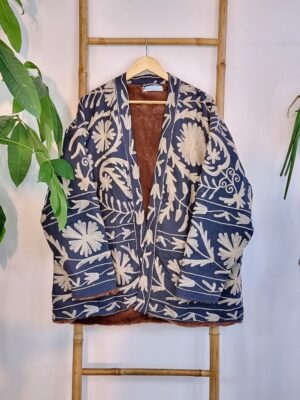 Suzani Hand Embroidered Short Hip Fur Winter Jacket | Boho Uzbek Kashmir Crewel | Christmas Special Luxury Gift | Classic Navy Taupe Beige - Image 2