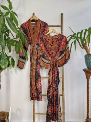 Couple Set Silk Boho Kimono Kaftan Man Woman House Beach Artist Robe His and Hers/ His and His Ocean Royal Black Red Persian Love Romance - Image 3