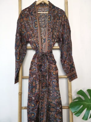 Men's Silk Boho Kimonos Man House Beach Artist Robe- Digital Midnight Wanderer - Image 5