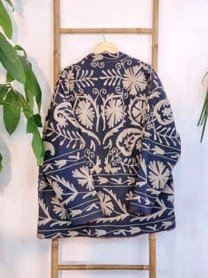 Suzani Hand Embroidered Short Hip Fur Winter Jacket | Boho Uzbek Kashmir Crewel | Christmas Special Luxury Gift | Classic Navy Taupe Beige - Image 4