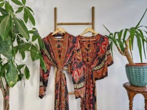 Couple Set Silk Boho Kimono Kaftan Man Woman House Beach Artist Robe His and Hers/ His and His Ocean Royal Black Red Persian Love Romance - Image 5