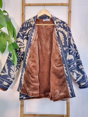 Suzani Hand Embroidered Short Hip Fur Winter Jacket | Boho Uzbek Kashmir Crewel | Christmas Special Luxury Gift | Classic Navy Taupe Beige - Image 5