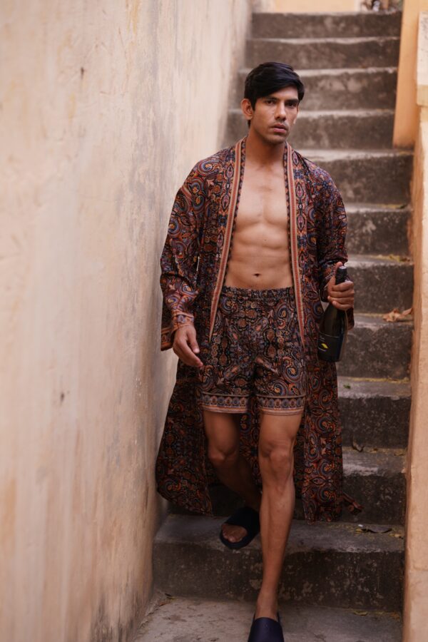 Men's Silk Boho Kimonos Man House Beach Artist Robe- Digital Midnight Wanderer