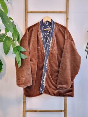 Suzani Hand Embroidered Short Hip Fur Winter Jacket | Boho Uzbek Kashmir Crewel | Christmas Special Luxury Gift | Classic Navy Taupe Beige - Image 7