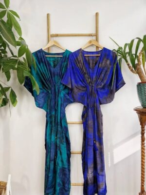 New Silk Blend Kaftan Luxury Lounge House Robe | Beach Wear | Nightie | Nightwear | Ombre Ocean Blue Digital Print Flowy Gown | Hen's Party - Image 2